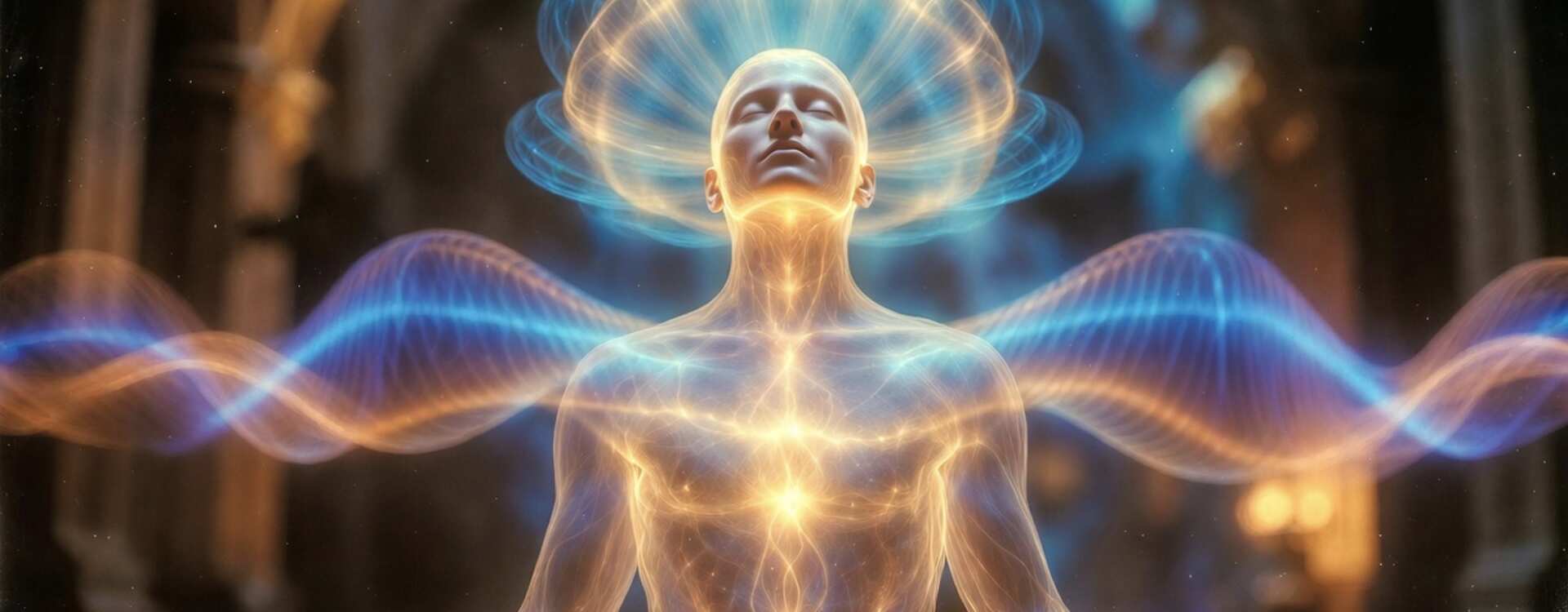 Ondes sonores traversant un corps lumineux et le souffle, illustrant le son comme vecteur d’éveil spirituel