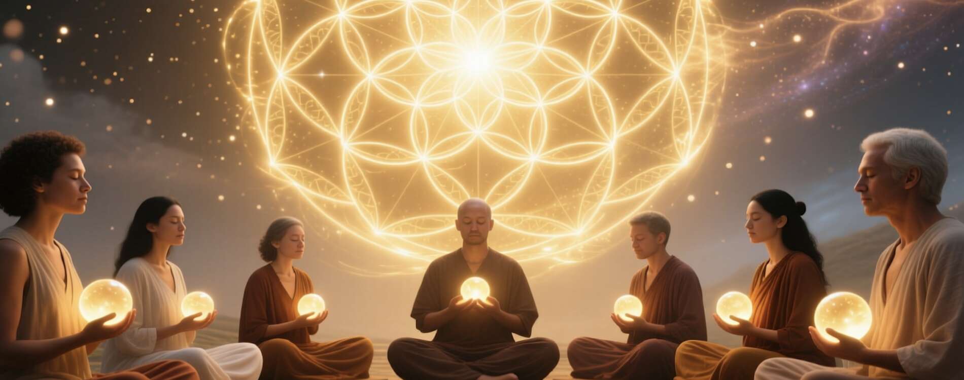 Éveil Spirituel – Cercle lumineux de méditants reliés par des flux dorés, créant un champ énergétique collectif d’Unité et de Liberté – La Connexion Absolue.