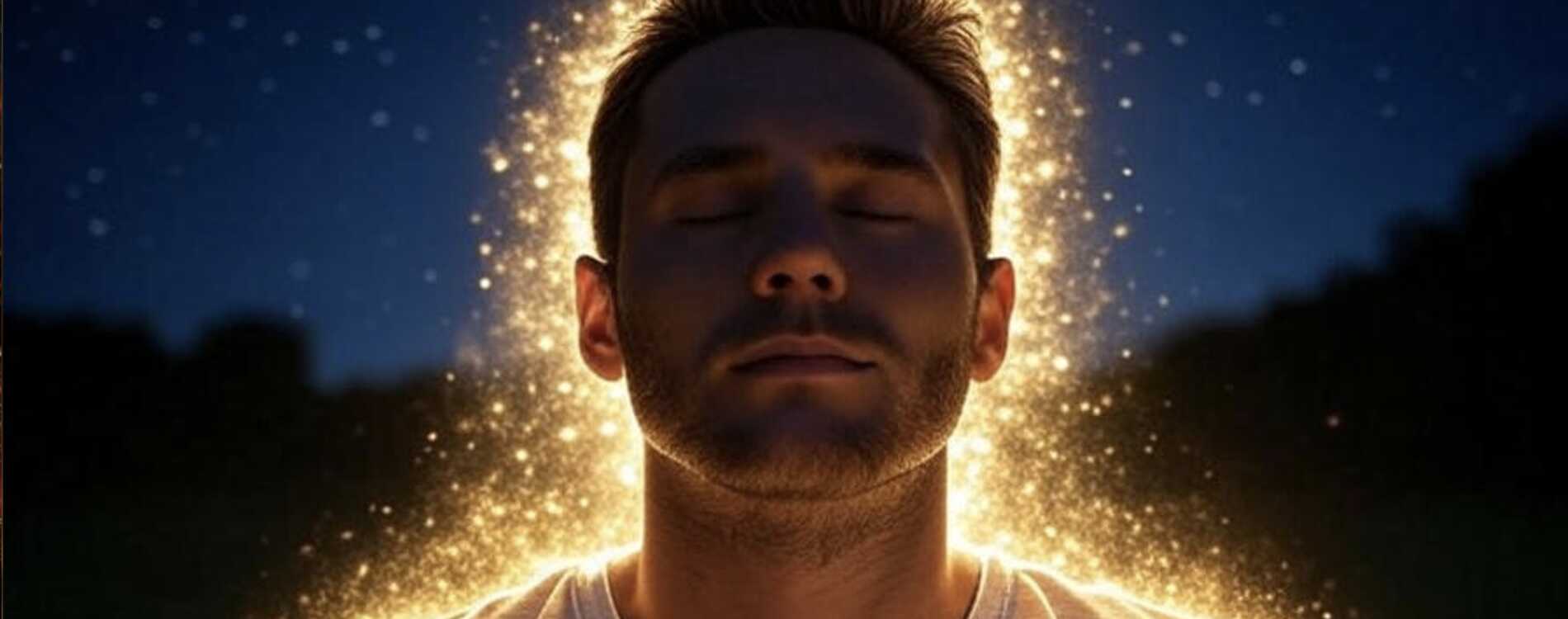 Éveil Spirituel – Méditant entouré d’un halo de lumière dorée, participant à la Méditation guidée quotidienne de 7 minutes à 18h00 – La Connexion Absolue.