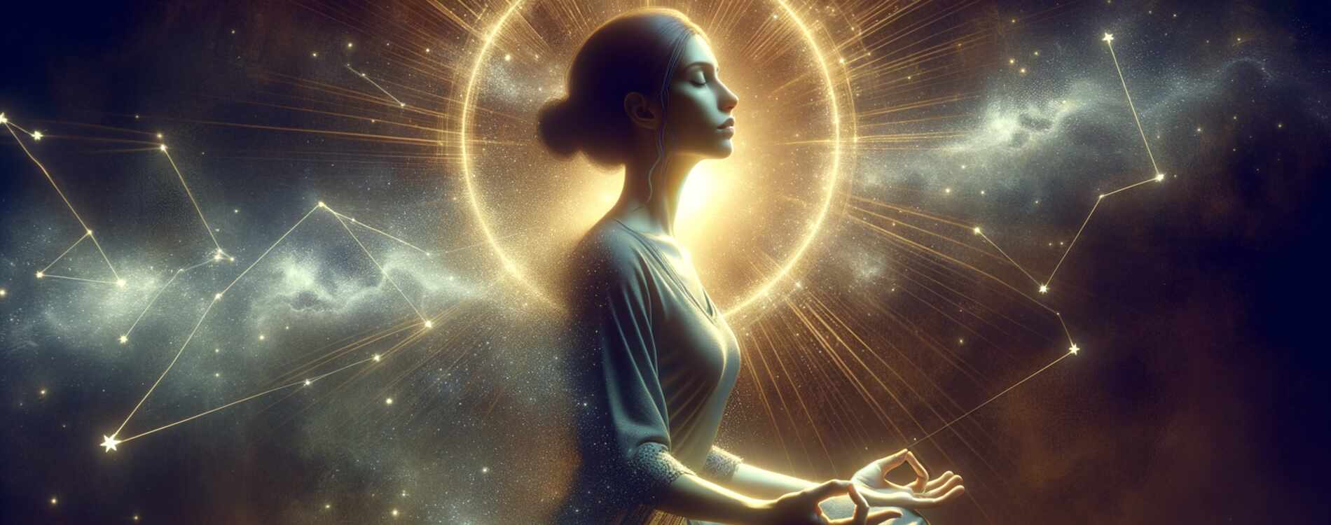 Éveil Spirituel – Portrait méditatif apaisant entouré d’un halo lumineux, symbolisant paix intérieure et clarté – La Connexion Absolue