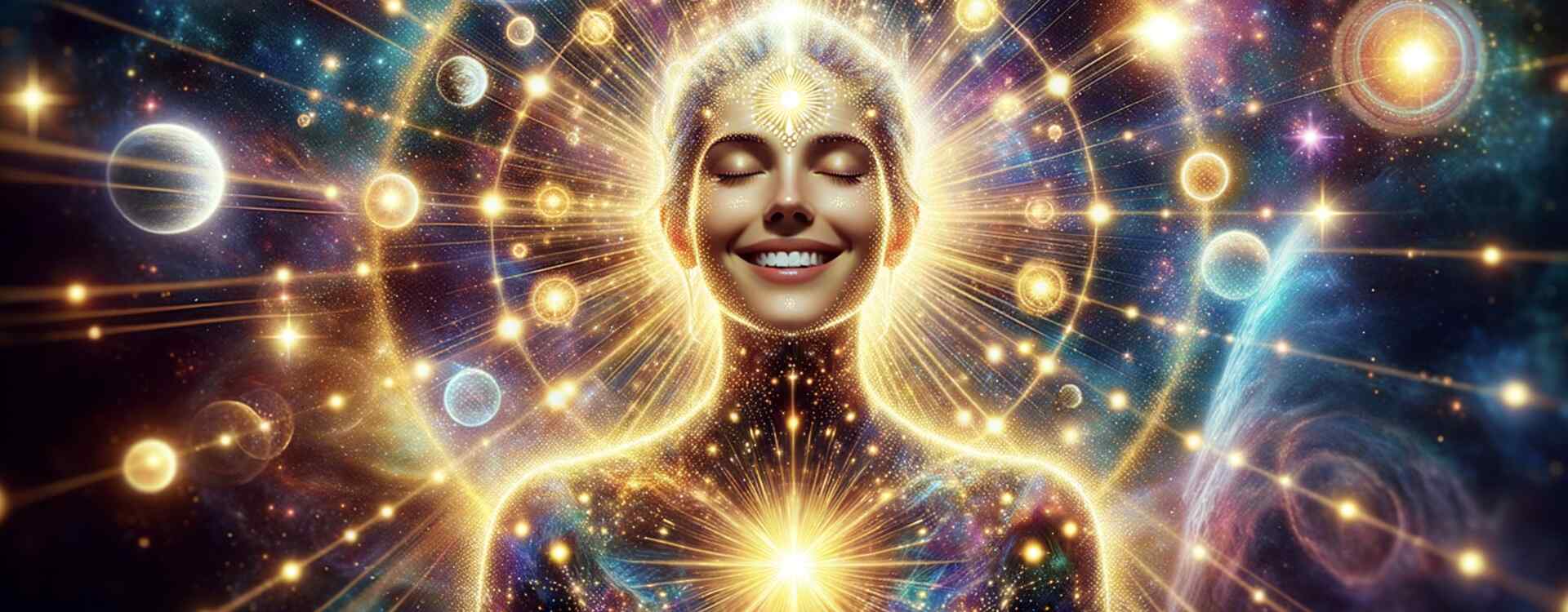 Éveil Spirituel – Illustration des bienfaits de la Méditation Vivante, être lumineux entouré d’ondes dorées et violettes symbolisant calme mental, clarté, harmonie énergétique et élévation intérieure – La Connexion Absolue