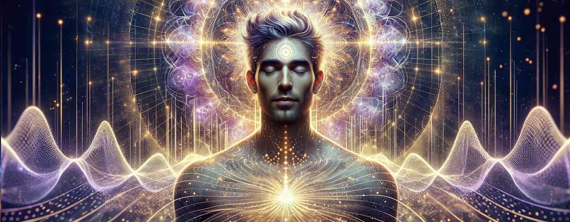 Éveil Spirituel – êtres de lumière et spirales dorées et argentées fusionnant dans une lumière blanche, représentation fractale des fréquences sacrées – La Connexion Absolue