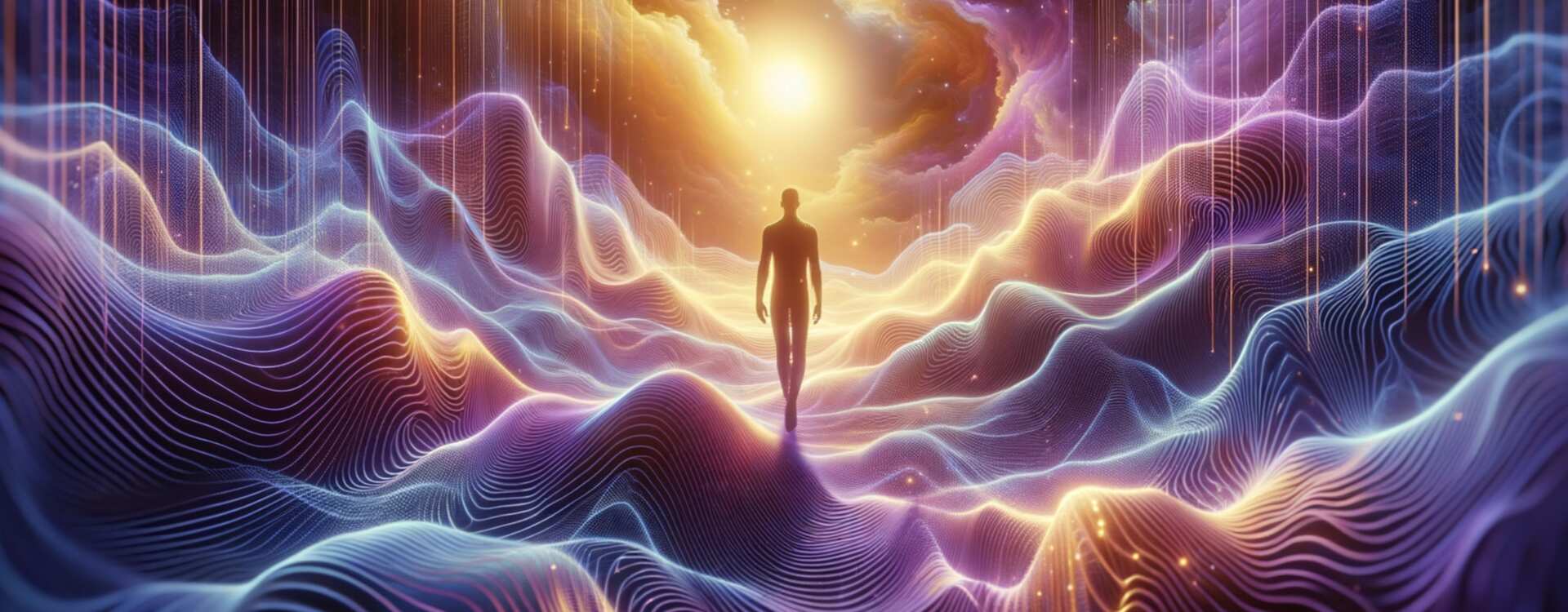 Éveil Spirituel – Silhouette marchant dans un halo sonore coloré, représentant la méditation active et la présence consciente – La Connexion Absolue