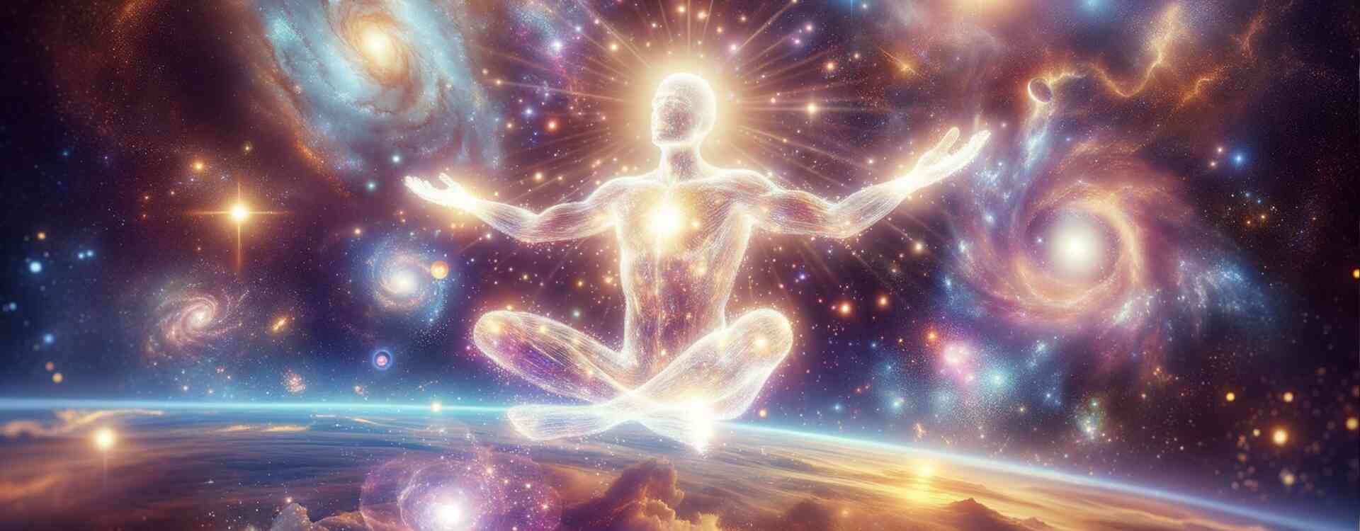 Éveil Spirituel – Silhouette lumineuse se dissolvant dans un océan de lumière fractale dorée et blanche, symbolisant la révélation du Moi Infini et la Pure Conscience décrite dans La Connexion Absolue – La Connexion Absolue