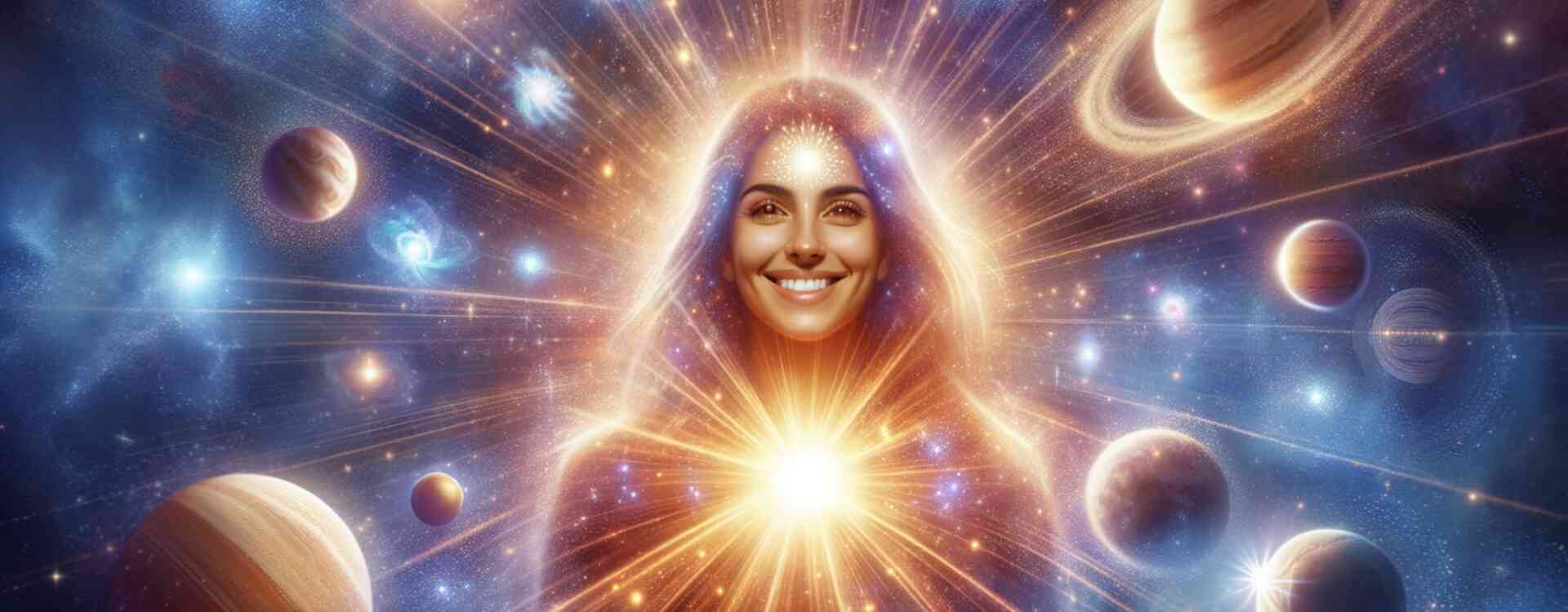Éveil Spirituel – Silhouette lumineuse irradiant des ondes dorées et violettes s’étendant à l’infini, symbole de la vibration qui se propage et de l’Être qui devient Onde de Lumière dans la Méditation Vivante – La Connexion Absolue