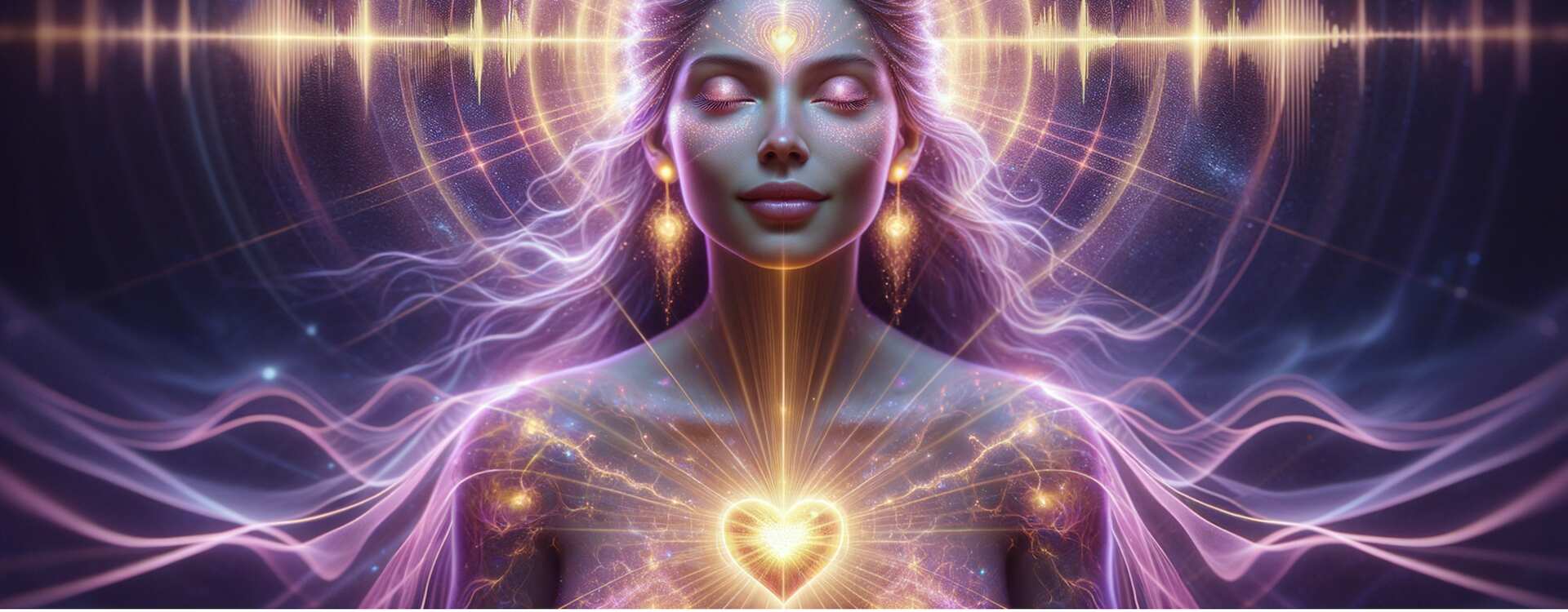 Éveil Spirituel – Être lumineux irradiant des ondes dorées symbolisant le son conscient et l’harmonie intérieure – La Connexion Absolue.
