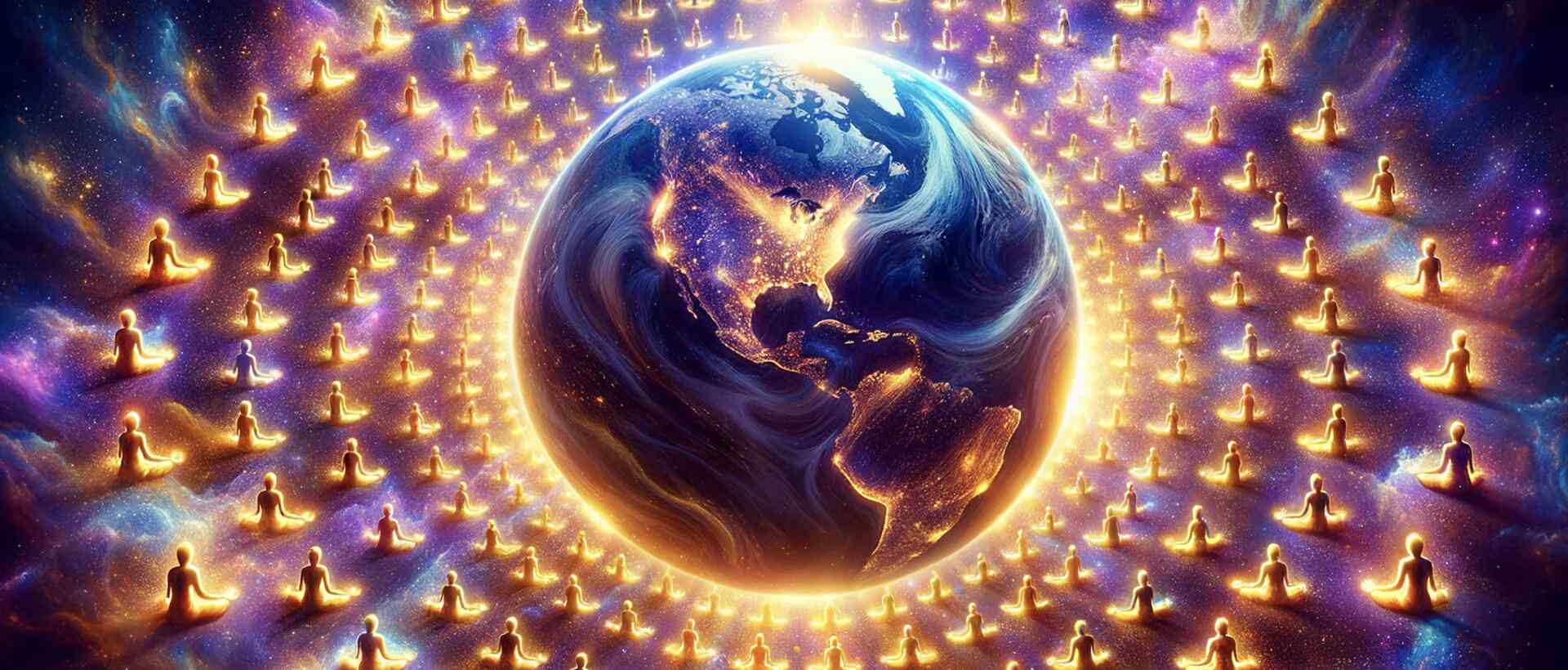 Éveil Spirituel – Terre rayonnante enveloppée d’une spirale de lumière dorée et violette, symbolisant l’égrégore planétaire d’Unité et d’élévation vibratoire – La Connexion Absolue