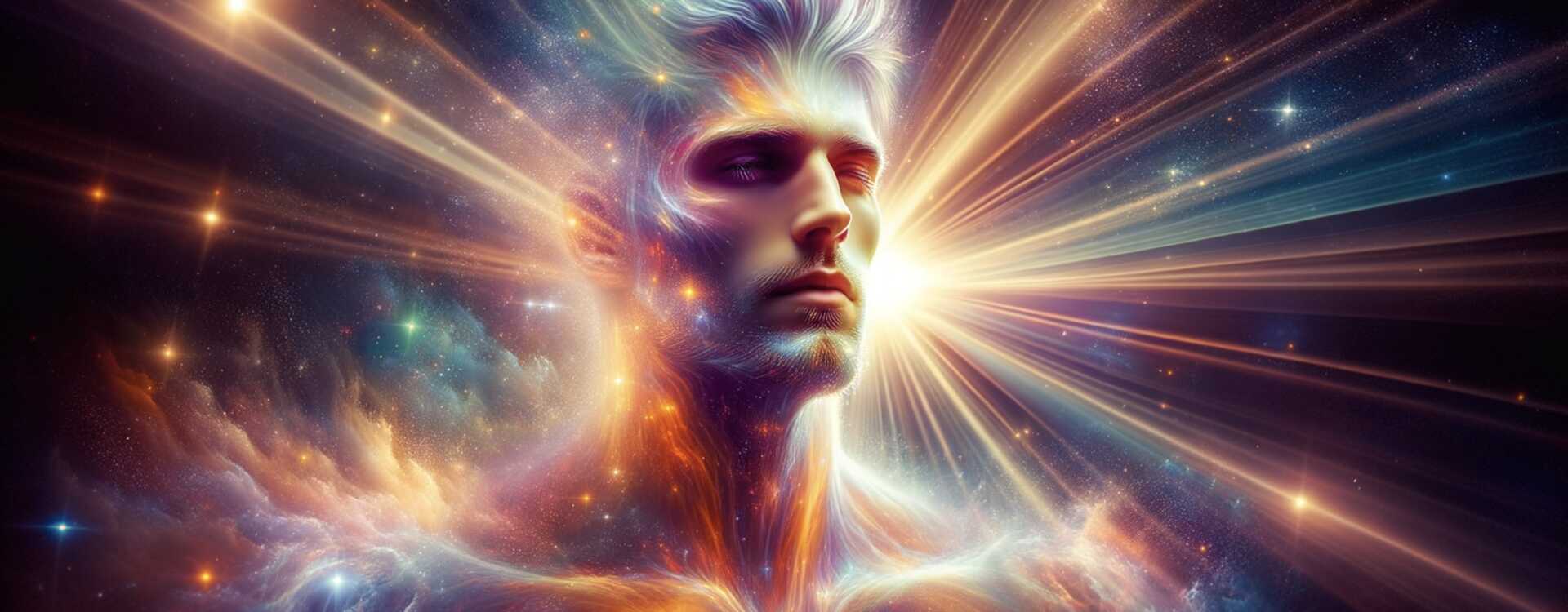 Éveil Spirituel – Tête lumineuse rayonnant des ondes colorées symbolisant la méditation intérieure continue et la conscience vibratoire – La Connexion Absolue.