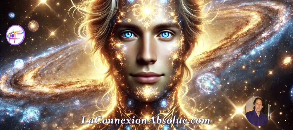 Être Divin d’éveil spirituel-visage rayonnant la Source Divine de la Connexion Absolue